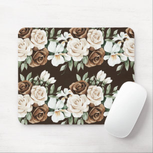 Chocolate Brown Cream Flowers Mouse Pad