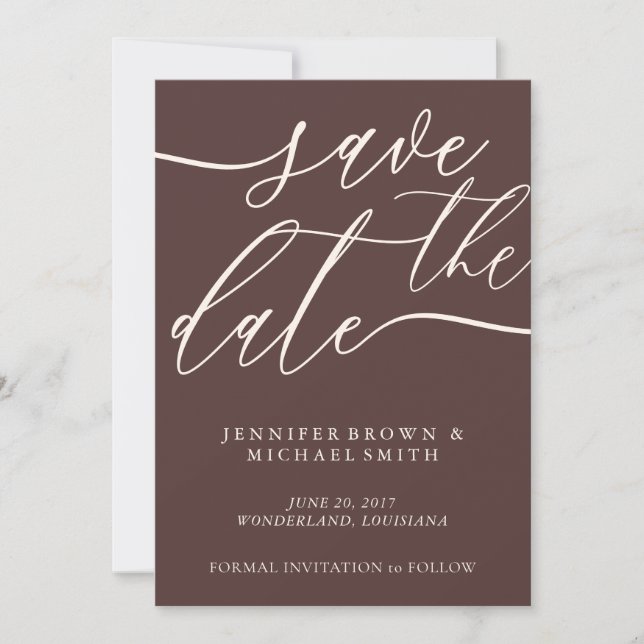 Chocolate Brown Custom Photo Calligraphy Save The Date (Front)