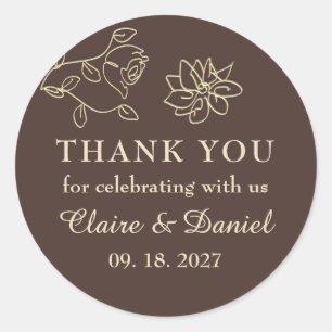 Chocolate Brown Floral Wedding Thank You Classic Round Sticker