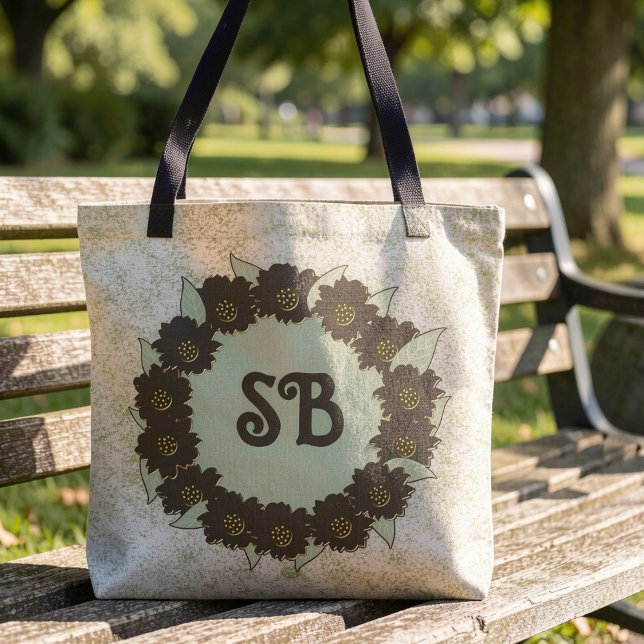 Chocolate Brown Flower Wreath On Speckled Green Tote Bag (Chocolate brown flowers & leaves on a speckled background with your initials in the center.)