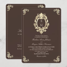 Chocolate Brown Gold Baroque Monogram QR Wedding
