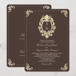 Chocolate Brown Gold Baroque Monogram QR Wedding Invitation