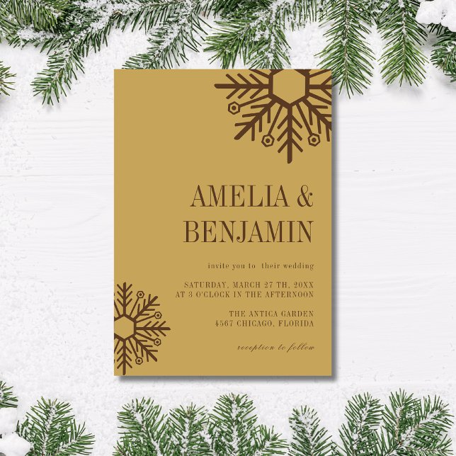 Chocolate Brown & Gold Simple Snowflake Wedding Invitation (Creator Uploaded)