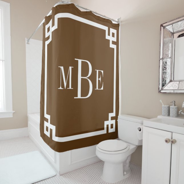 Chocolate Brown Greek Key Border Monogram Shower Curtain (In Situ)