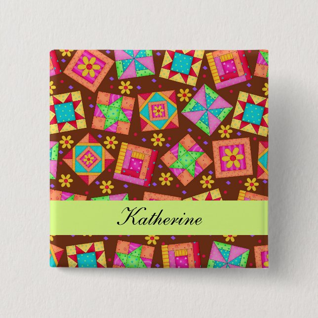 Chocolate Brown Green Patchwork Quilt Name Badge (Front)