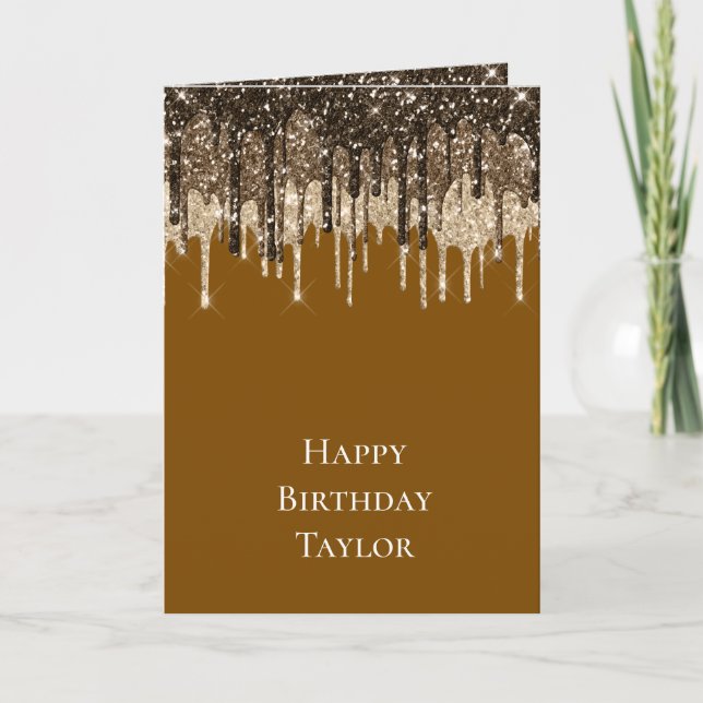 Chocolate Brown Ice Cream Glitter Drips Birthday Card (Front)