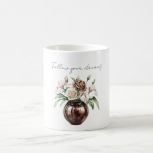 Chocolate Brown Ivory Cream Flowers Coffee Mug