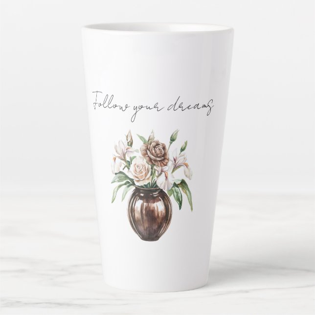 Chocolate Brown Ivory Cream Flowers Latte Mug (Front)
