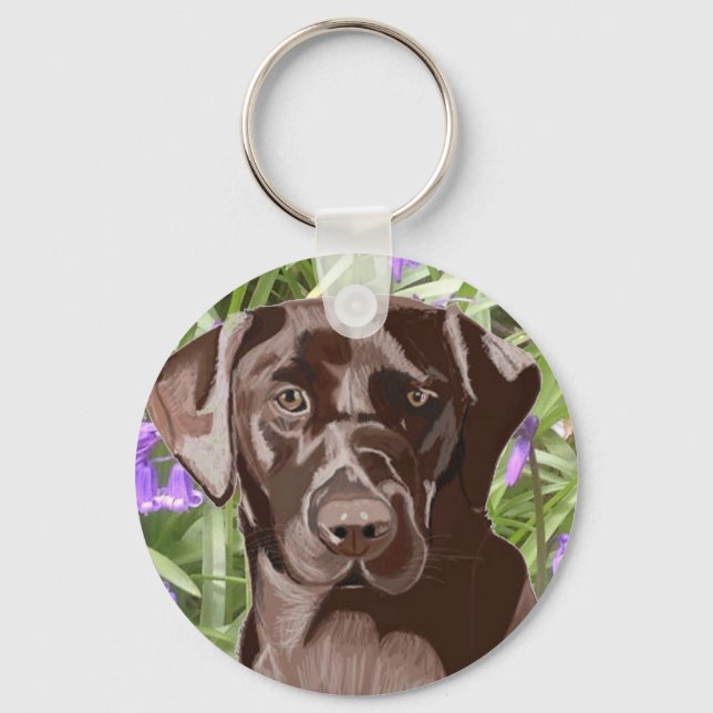 Chocolate Brown Labrador against Bluebells Key Ring (Front)