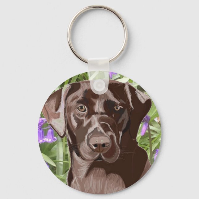 Chocolate Brown Labrador against Bluebells Key Ring (Front)