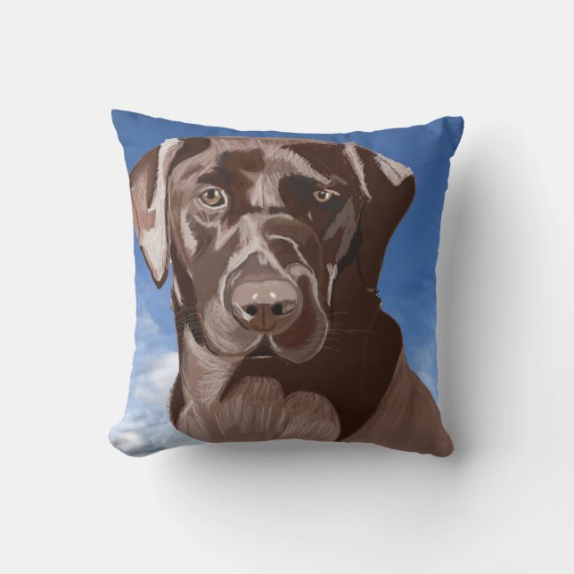 Chocolate Brown Labrador against the blue sky Cushion (Front)
