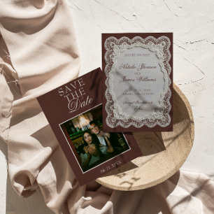 Chocolate Brown Lace Old Money Photo Wedding Save The Date