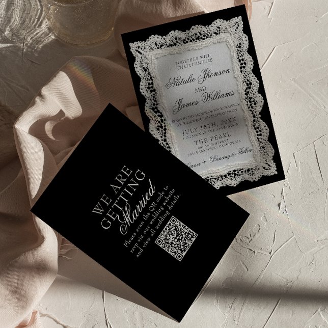 Chocolate Brown Lace Old Money QR Code Wedding Invitation (Creator Uploaded)