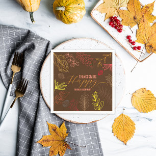 Chocolate Brown Line Art Fall Leaves Thanksgiving Napkin