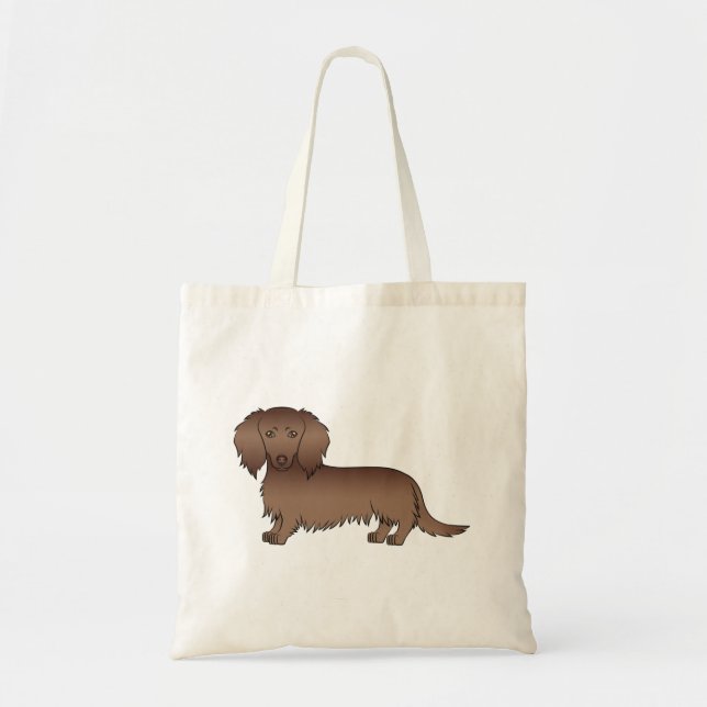 Chocolate Brown Long Hair Dachshund Cartoon Dog Tote Bag (Front)