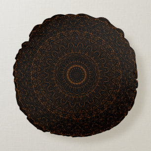 Chocolate Brown Mandala with Intricate Symmetry Round Cushion