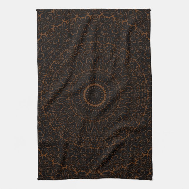 Chocolate Brown Mandala with Intricate Symmetry Tea Towel (Vertical)