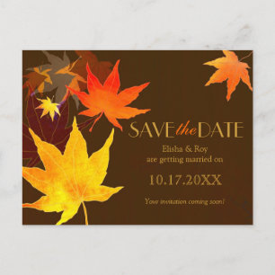 Chocolate Brown Maple Leaf Wedding Save the Date Announcement Postcard