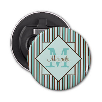 Chocolate Brown & Mint Green Stripes Monogram Bottle Opener