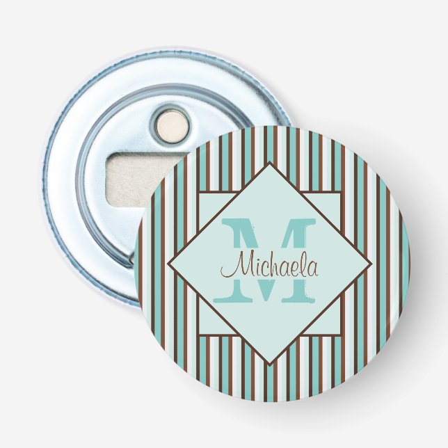 Chocolate Brown & Mint Green Stripes Monogram Bottle Opener (Front)