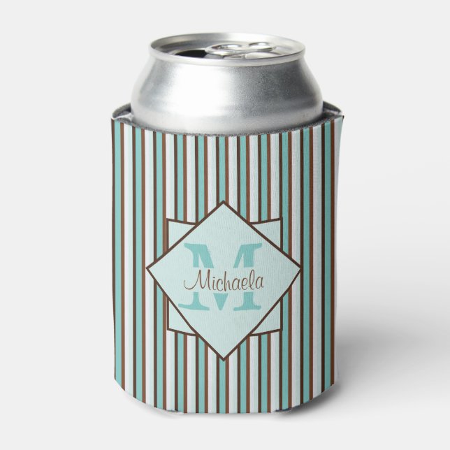 Chocolate Brown & Mint Green Stripes Monogram Can Cooler (Can Front)