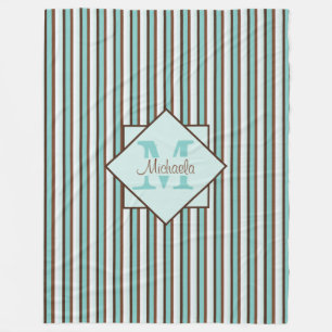 Chocolate Brown & Mint Green Stripes Monogram Fleece Blanket