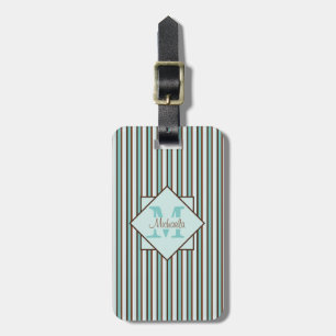 Chocolate Brown & Mint Green Stripes Monogram Luggage Tag