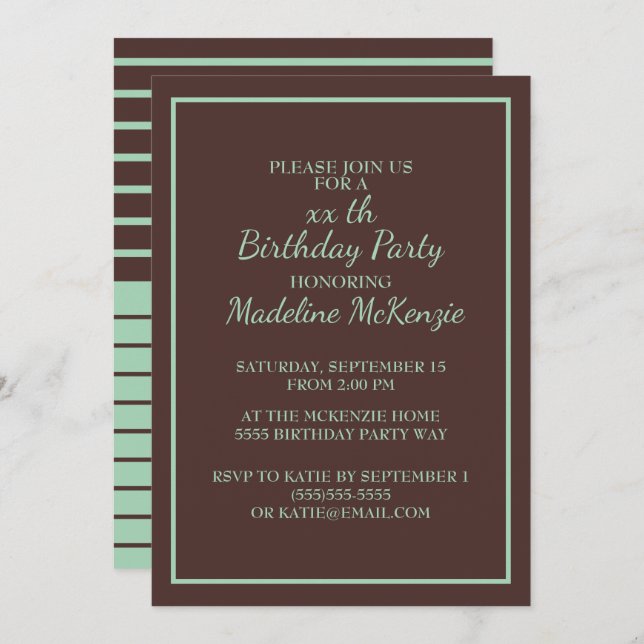 Chocolate Brown Mint Striped Birthday Party Invite (Front/Back)