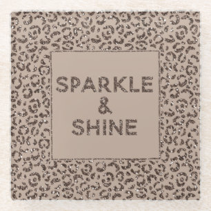 Chocolate Brown Mocha Cream Leopard Glitter Shine  Glass Coaster