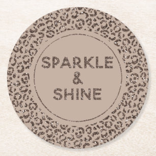 Chocolate Brown Mocha Cream Leopard Glitter Shine  Round Paper Coaster