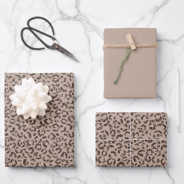 Chocolate Brown Mocha Cream Leopard Glitter    Wrapping Paper Sheet (Front)