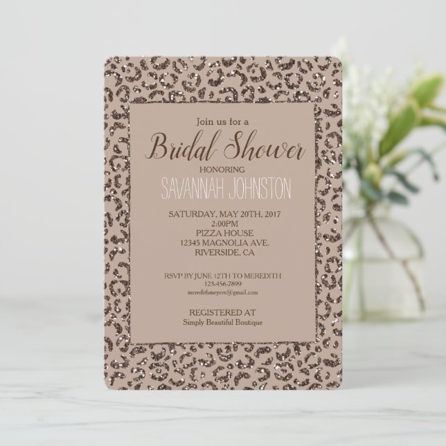 Chocolate Brown Mocha Cream Leopard Print Glitter  Invitation (Standing Front)
