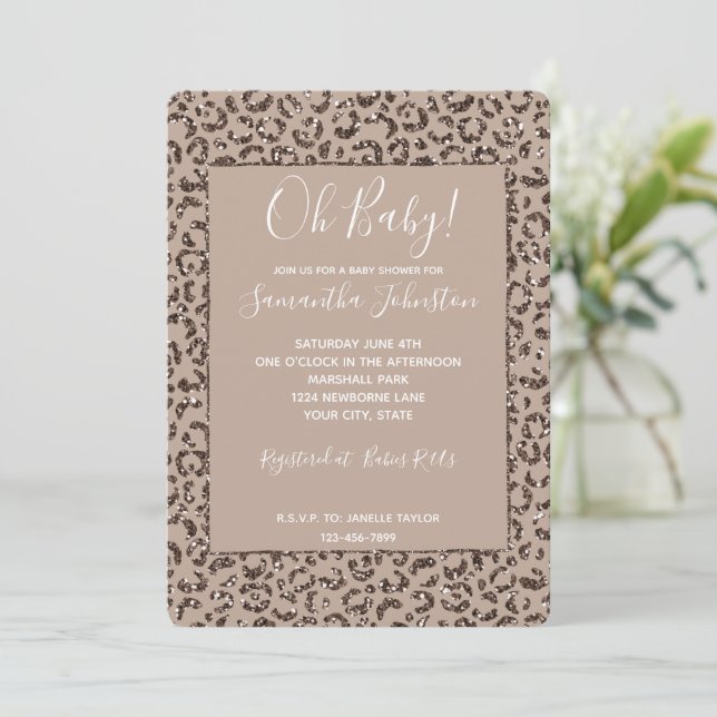 Chocolate Brown Mocha Cream Leopard Print Glitter  Invitation (Standing Front)