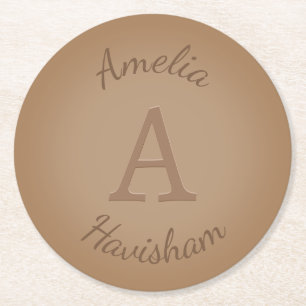 Chocolate Brown Monogram & Name Personalised Round Paper Coaster
