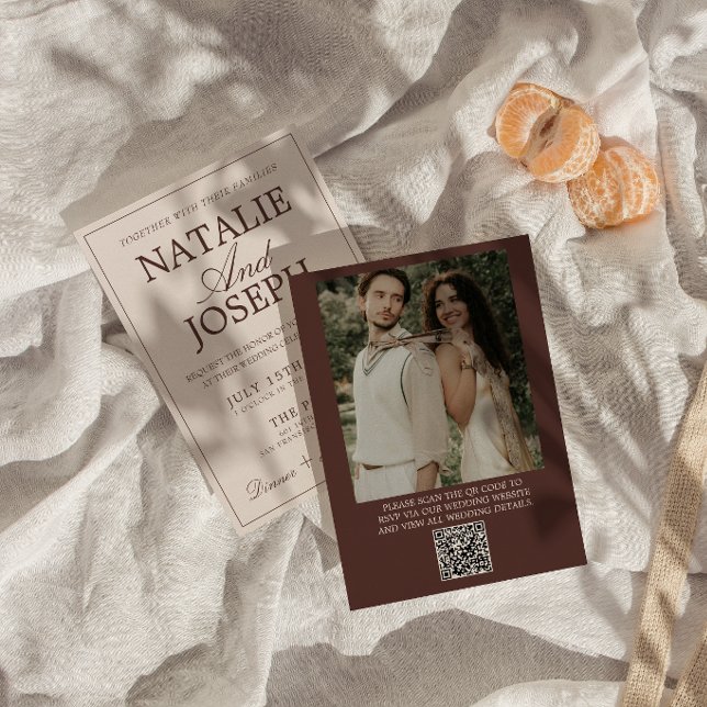 Chocolate Brown Old Money Photo QR Code Wedding Invitation (Creator Uploaded)