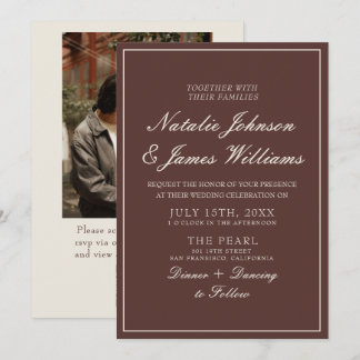 Chocolate Brown Old Money QR Code Photo Wedding Invitation