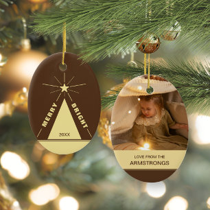 Chocolate Brown Oval Christmas Tree Family Photo Ceramic Ornament