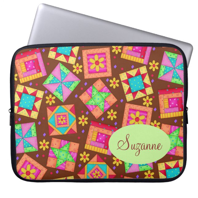 Chocolate Brown Patchwork Quilt Art Blocks Laptop Sleeve (Front)
