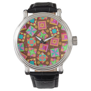 Chocolate Brown Patchwork Quilt Art Blocks Watch