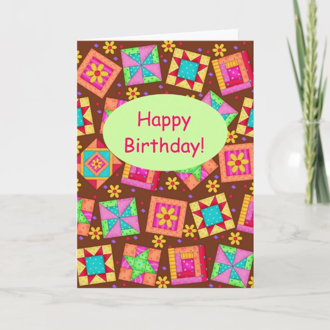Chocolate Brown Patchwork Quilt Art Happy Birthday Card (Front)