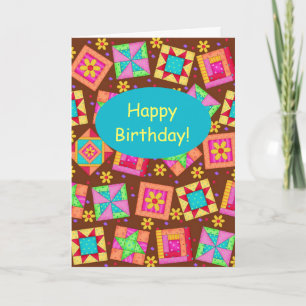 Chocolate Brown Patchwork Quilt Art Happy Birthday Card