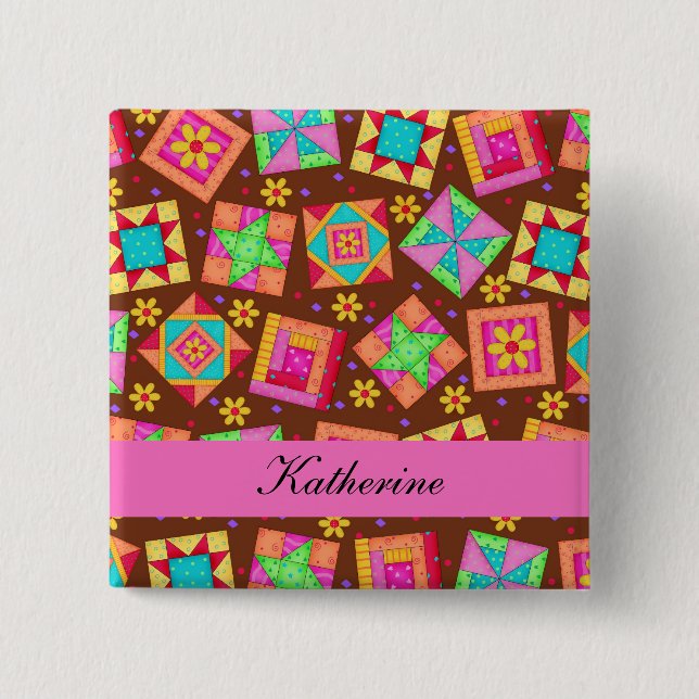 Chocolate Brown Patchwork Quilt Blocks Name Badge (Front)