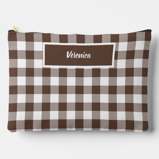 Chocolate Brown Plaid Gingham Personalized Accessory Pouch (Front)
