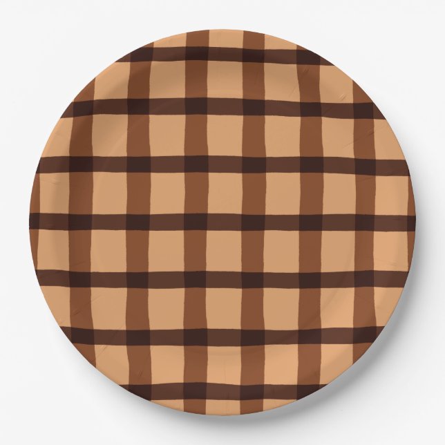 Chocolate Brown Plaid Paper Plate (Front)