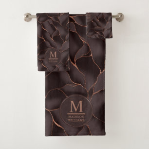 Chocolate Brown & Rose Gold Abstract Wave Pattern Bath Towel Set