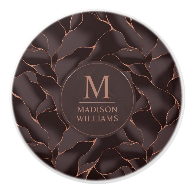 Chocolate Brown & Rose Gold Abstract Wave Pattern Ceramic Knob (Front)