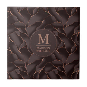 Chocolate Brown & Rose Gold Abstract Wave Pattern Ceramic Tile