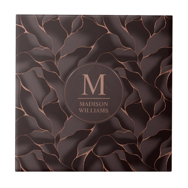Chocolate Brown & Rose Gold Abstract Wave Pattern Ceramic Tile (Front)