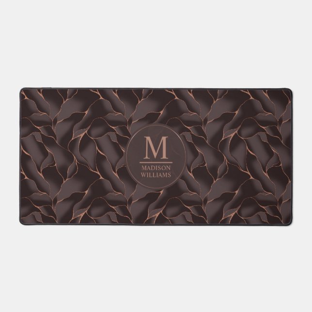 Chocolate Brown & Rose Gold Abstract Wave Pattern Desk Mat (Front)