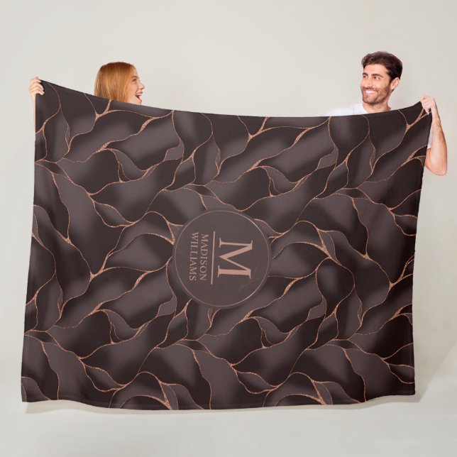 Chocolate Brown & Rose Gold Abstract Wave Pattern Fleece Blanket (In Situ)